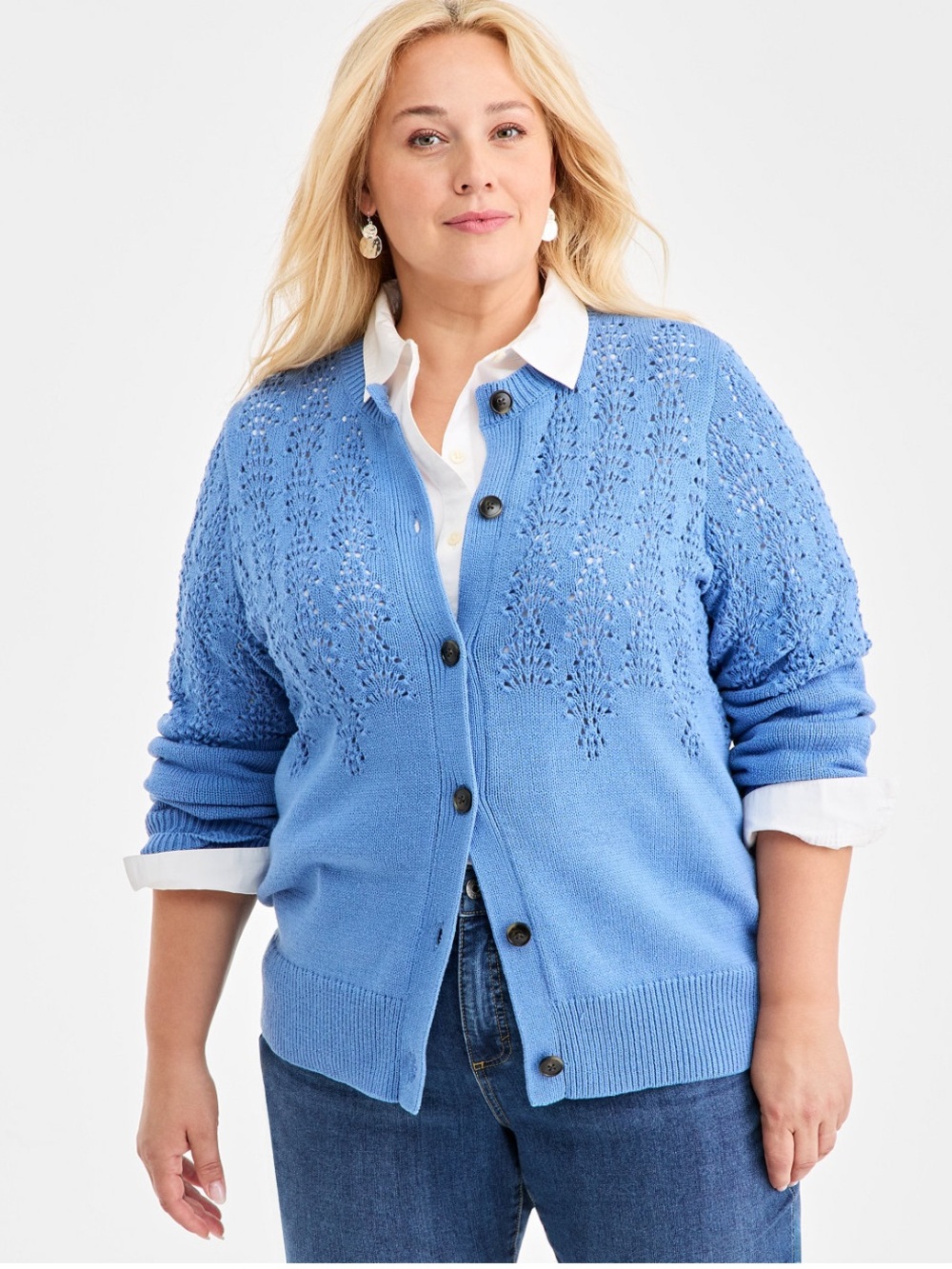 Plus Size Light Blue Pointelle Cardigan Sweater by Style & Co Preppy Classic